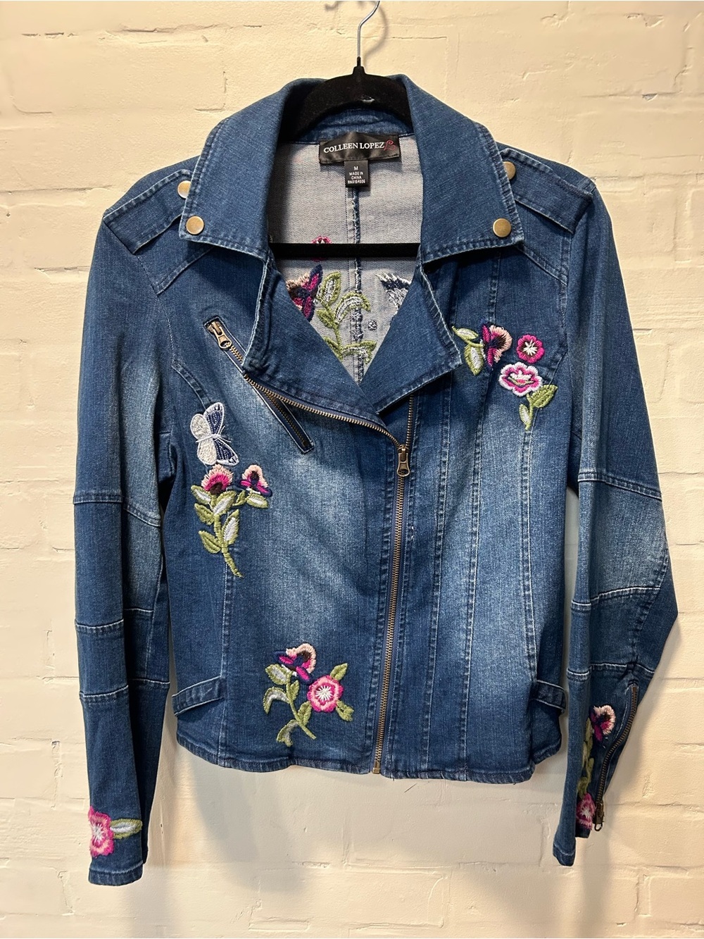 Colleen Lopez Embroidered Floral Denim Moto Jacket Butterfly Zip Size M